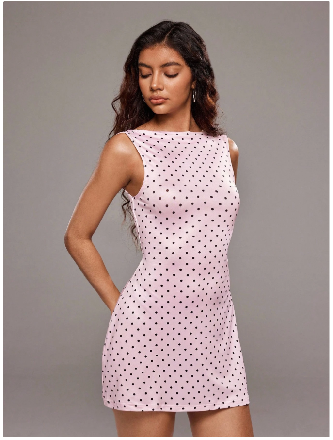 Vestido rosa lunares negros lazo en espalda - 5954