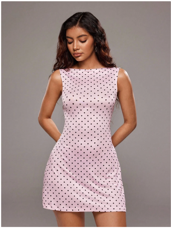 Vestido rosa lunares negros lazo en espalda - 5954