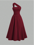 Vestido burdeos cintura ajustada tira en un hombro - 5955
