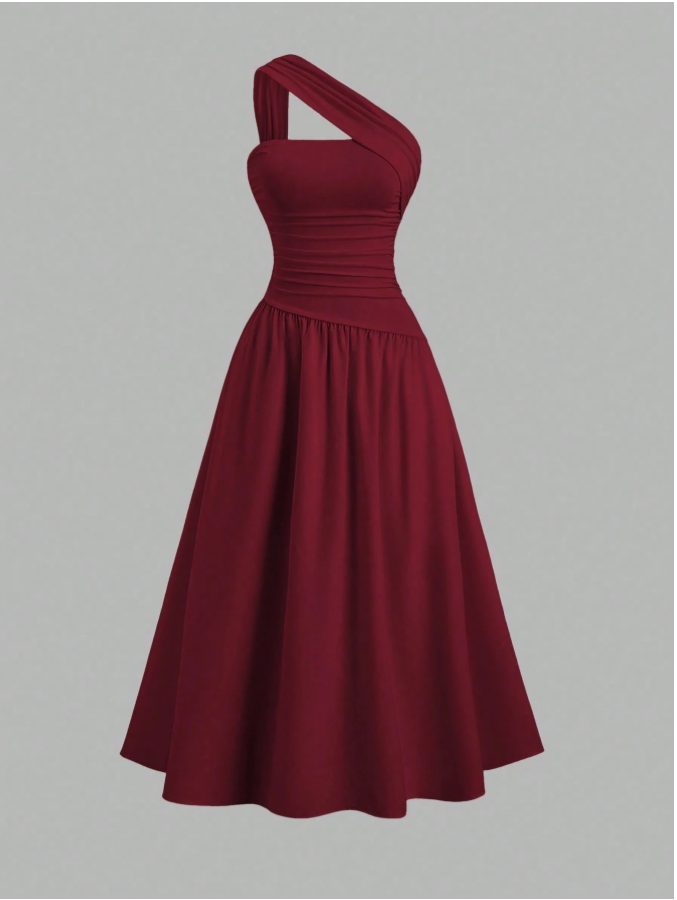 Vestido burdeos cintura ajustada tira en un hombro - 5955