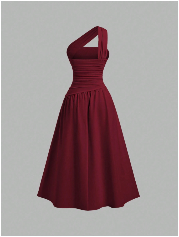 Vestido burdeos cintura ajustada tira en un hombro - 5955