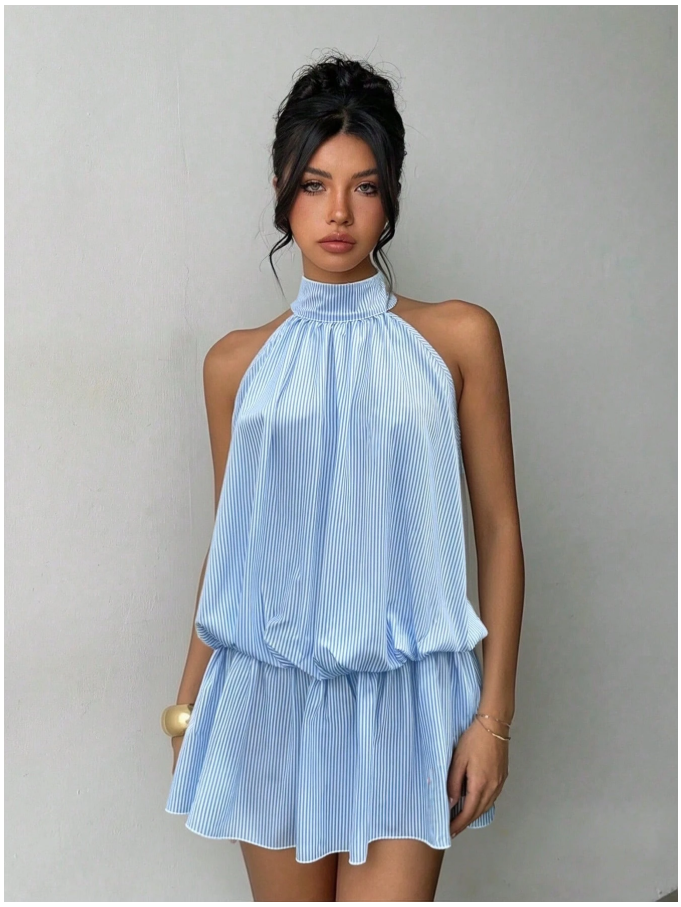 Vestido mini celeste a rayas - 5956