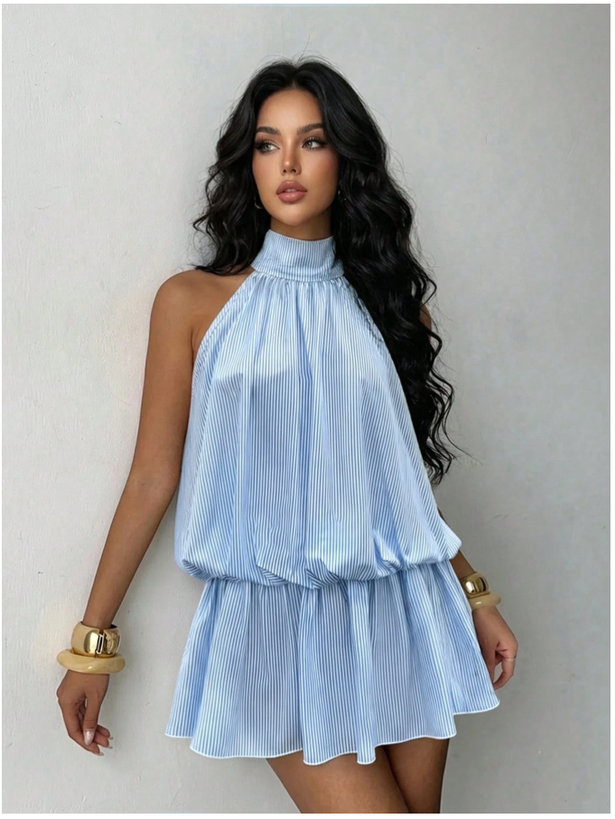 Vestido mini celeste a rayas - 5956