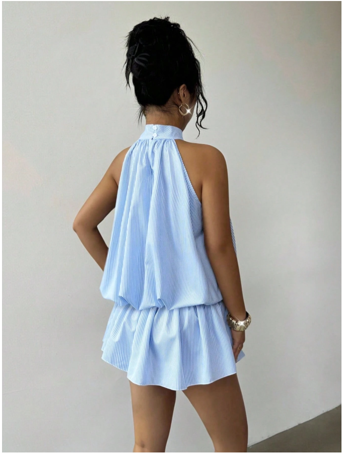 Vestido mini celeste a rayas - 5956
