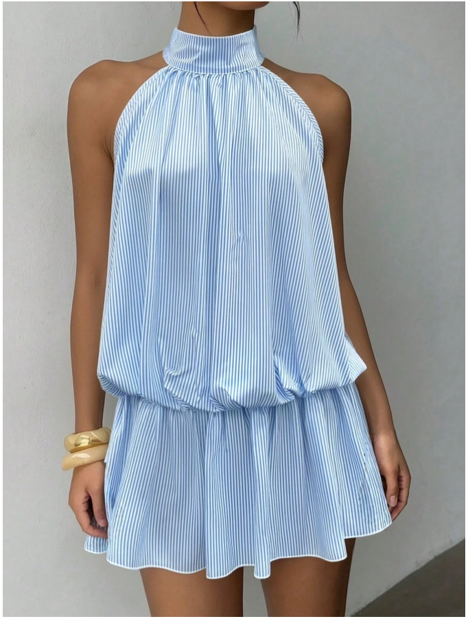 Vestido mini celeste a rayas - 5956