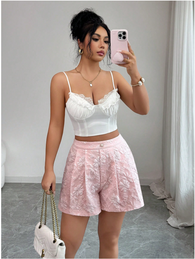 Short rosa flores blancas en relieve - 5958