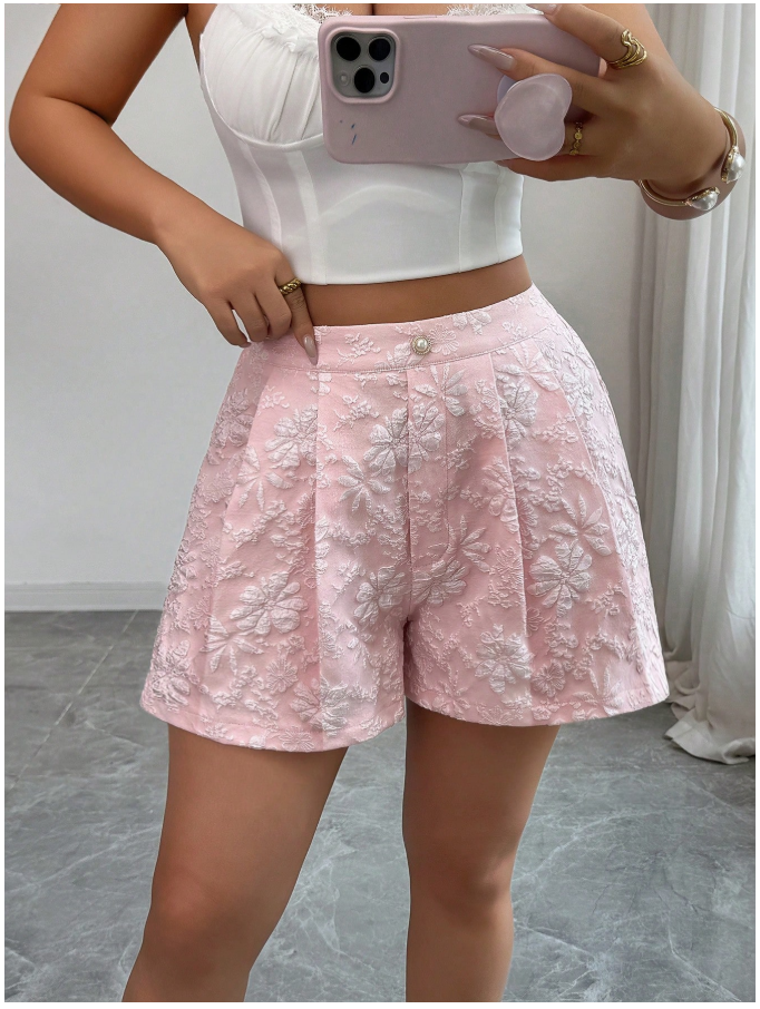Short rosa flores blancas en relieve - 5958