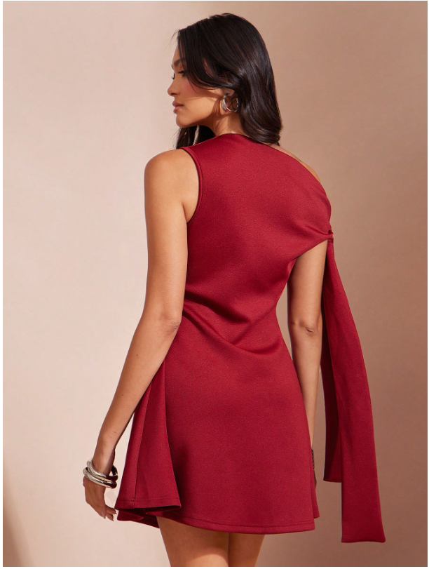 Vestido burdeos corto tira en hombro - 5960