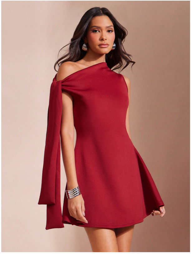 Vestido burdeos corto tira en hombro - 5960