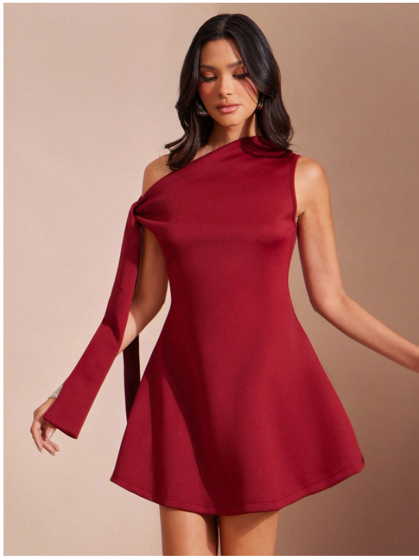 Vestido burdeos corto tira en hombro - 5960
