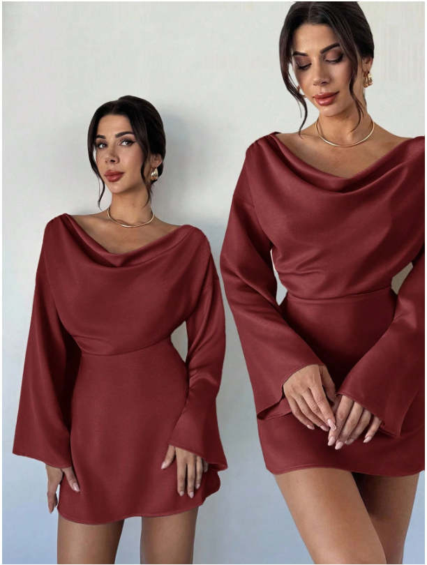 Vestido burdeos manga larga acampanadas - 5961