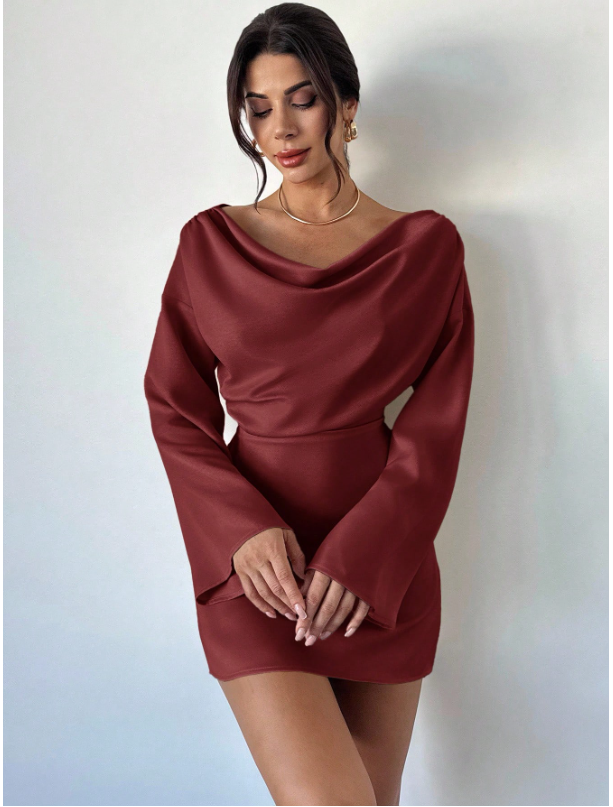 Vestido burdeos manga larga acampanadas - 5961