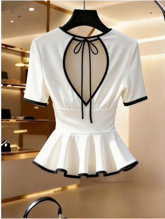 Camisa blanca bordes negros cuello redondo espalda descubierta - 5966