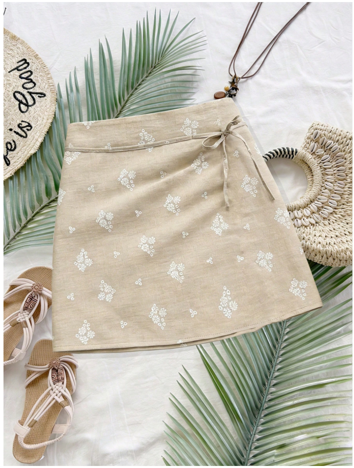Falda caqui con estampados blancos & cordón - 5969