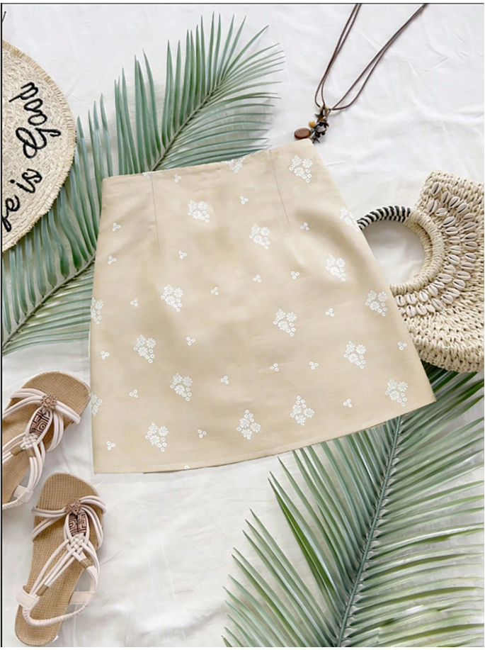 Falda caqui con estampados blancos & cordón - 5969