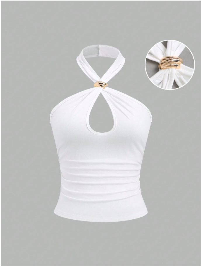 Crop top blanco halter con detalle dorado - 5970