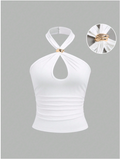 Crop top blanco halter con detalle dorado - 5970