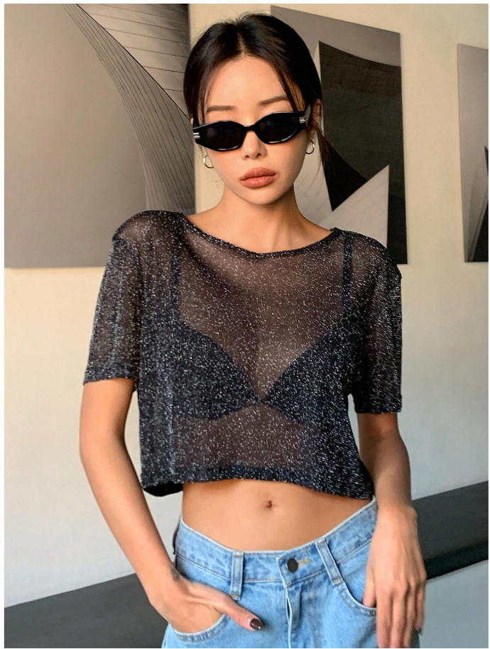 Crop top negro de malla detalles brillantes (no incluye sujetador) - 5972
