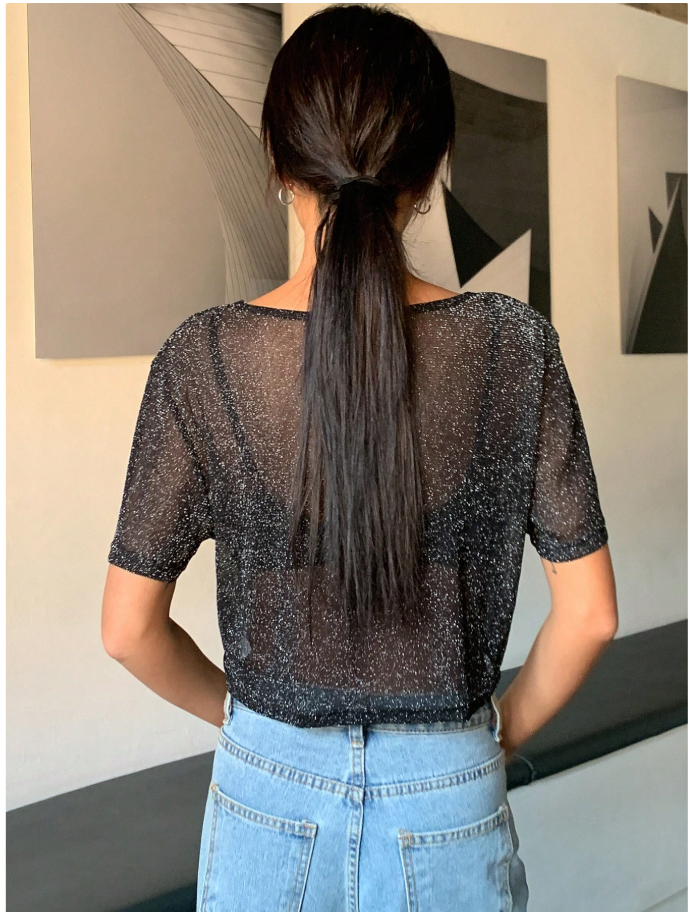 Crop top negro de malla detalles brillantes (no incluye sujetador) - 5972