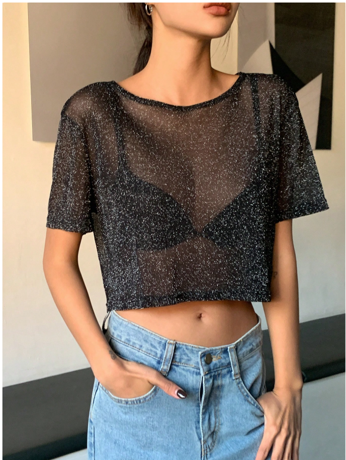 Crop top negro de malla detalles brillantes (no incluye sujetador) - 5972