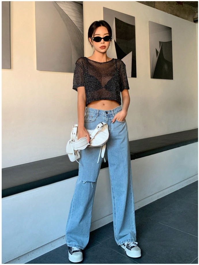 Crop top negro de malla detalles brillantes (no incluye sujetador) - 5972