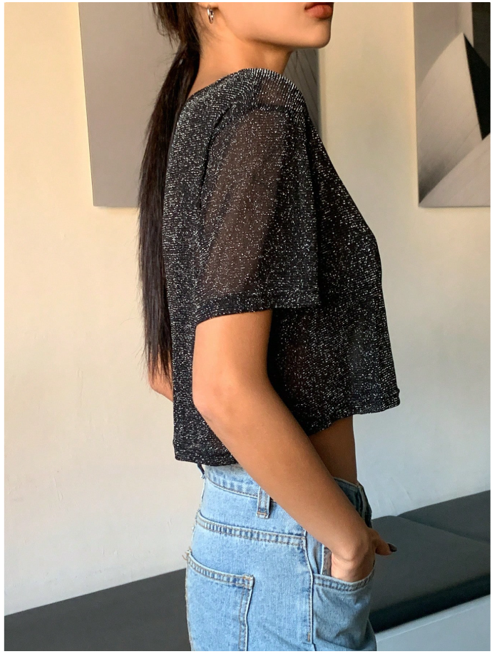 Crop top negro de malla detalles brillantes (no incluye sujetador) - 5972