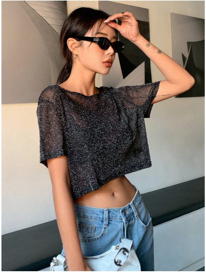 Crop top negro de malla detalles brillantes (no incluye sujetador) - 5972
