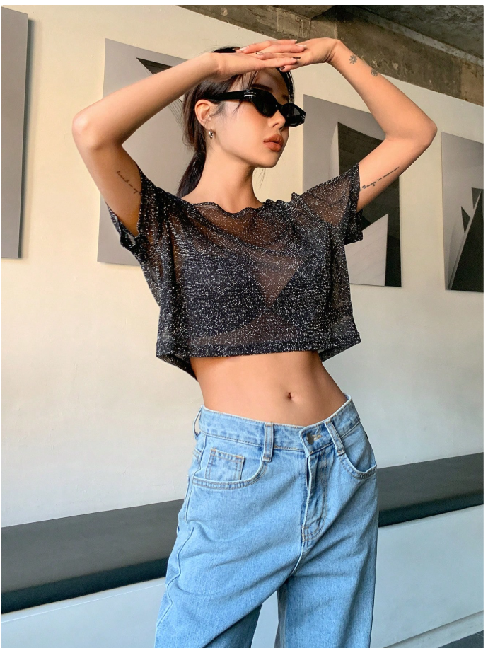 Crop top negro de malla detalles brillantes (no incluye sujetador) - 5972