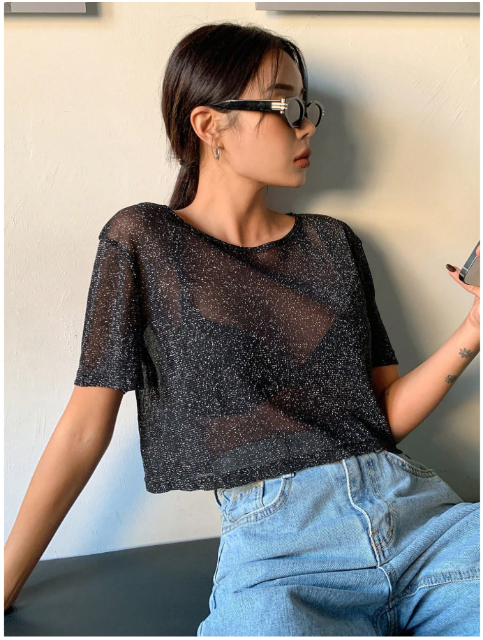 Crop top negro de malla detalles brillantes (no incluye sujetador) - 5972