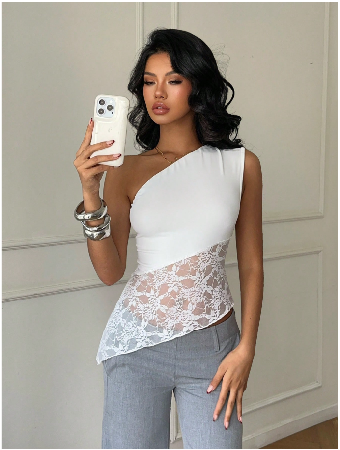 Camisa blanca un hombro encaje parte inferior - 5974