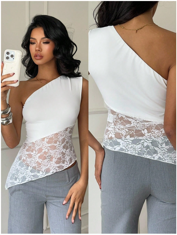 Camisa blanca un hombro encaje parte inferior - 5974