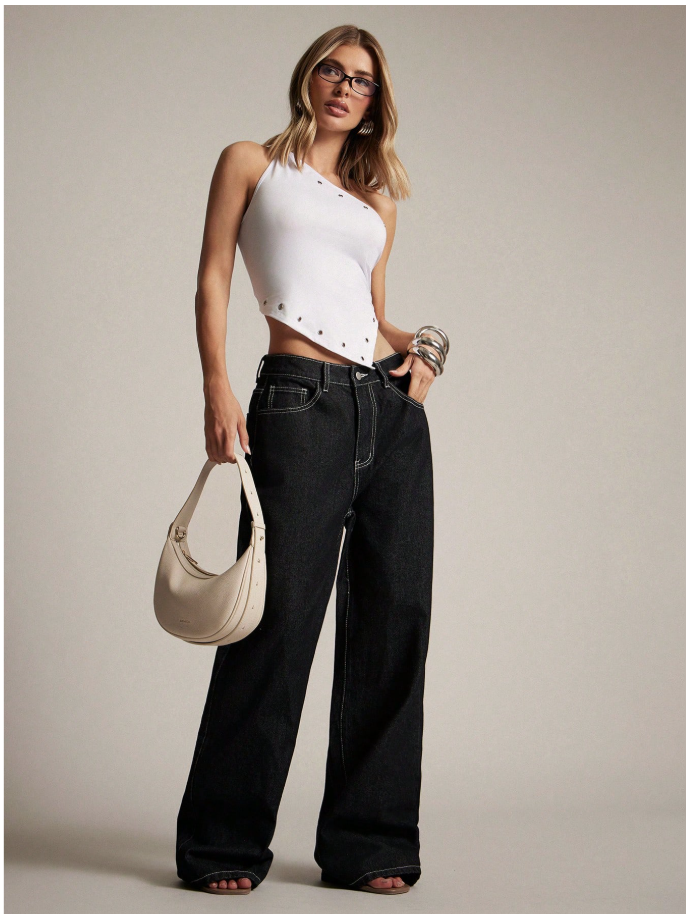 Crop top blanco un hombro diseño de perforaciones metálicas - 5975