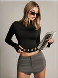 Crop top negro manga larga diseño de perforaciones metálicas - 5976