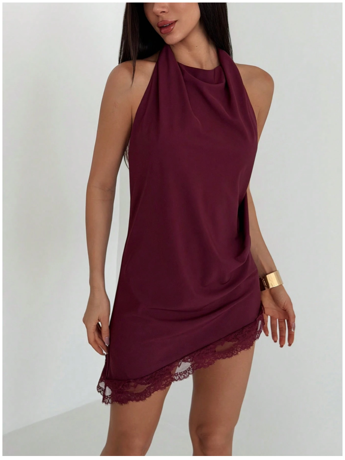 Vestido burdeos con encaje parte inferior - 5978