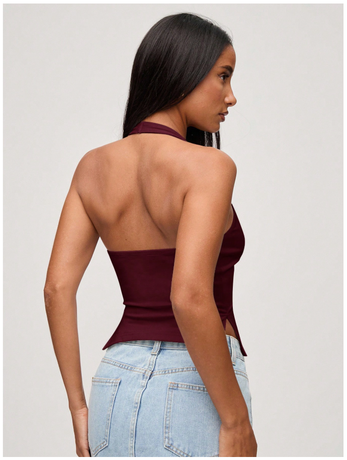 Crop top burdeos halter aberturas laterales - 5979