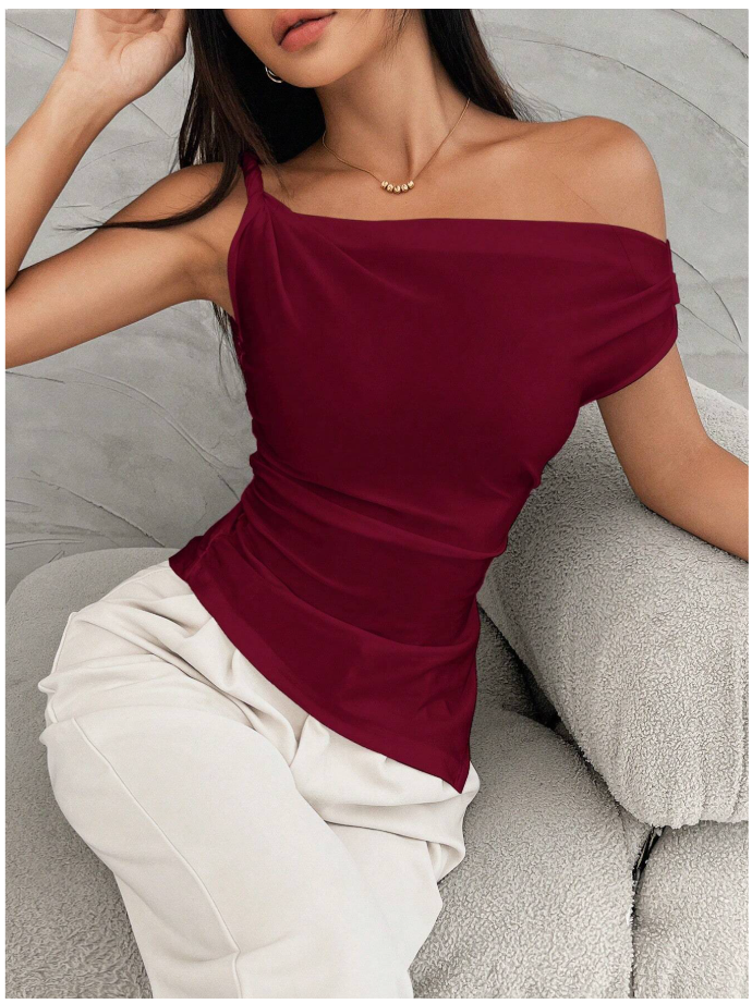 Camisa burdeos un hombro asimétrica parte inferior - 5980