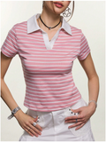 Camisa rosa a rayas cuello blanco - 5988