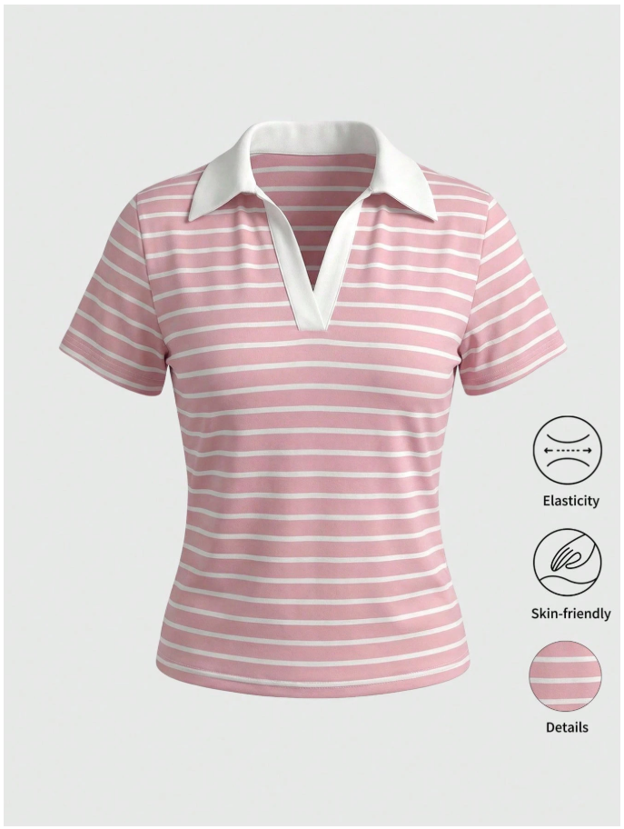 Camisa rosa a rayas cuello blanco - 5988
