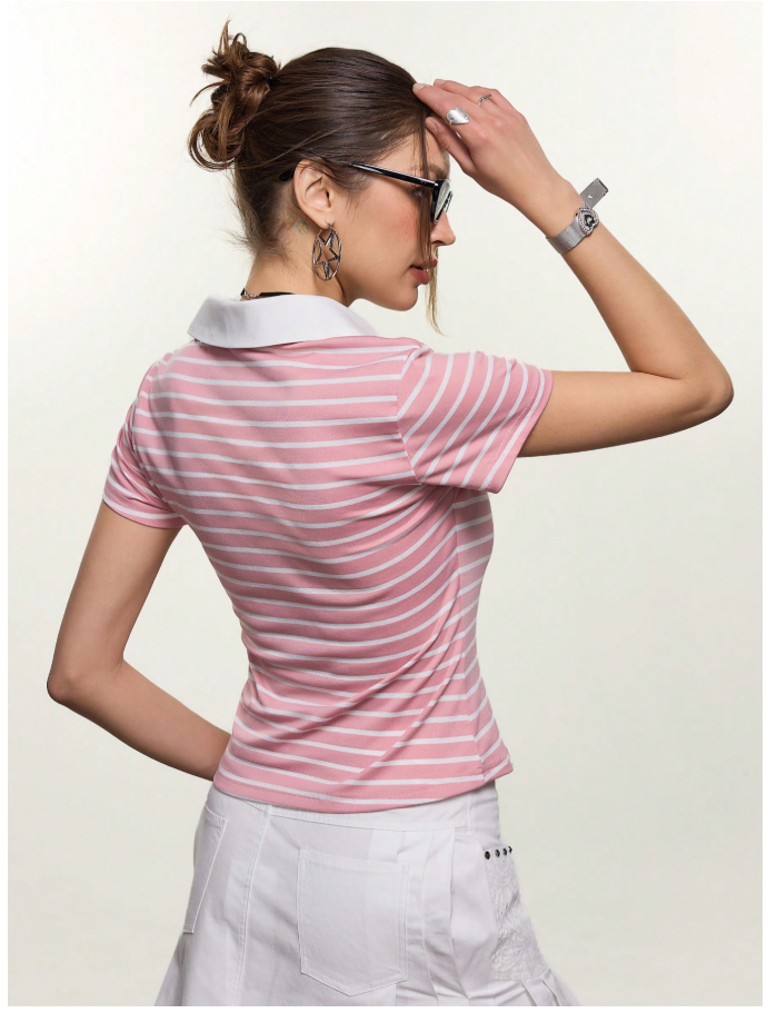 Camisa rosa a rayas cuello blanco - 5988