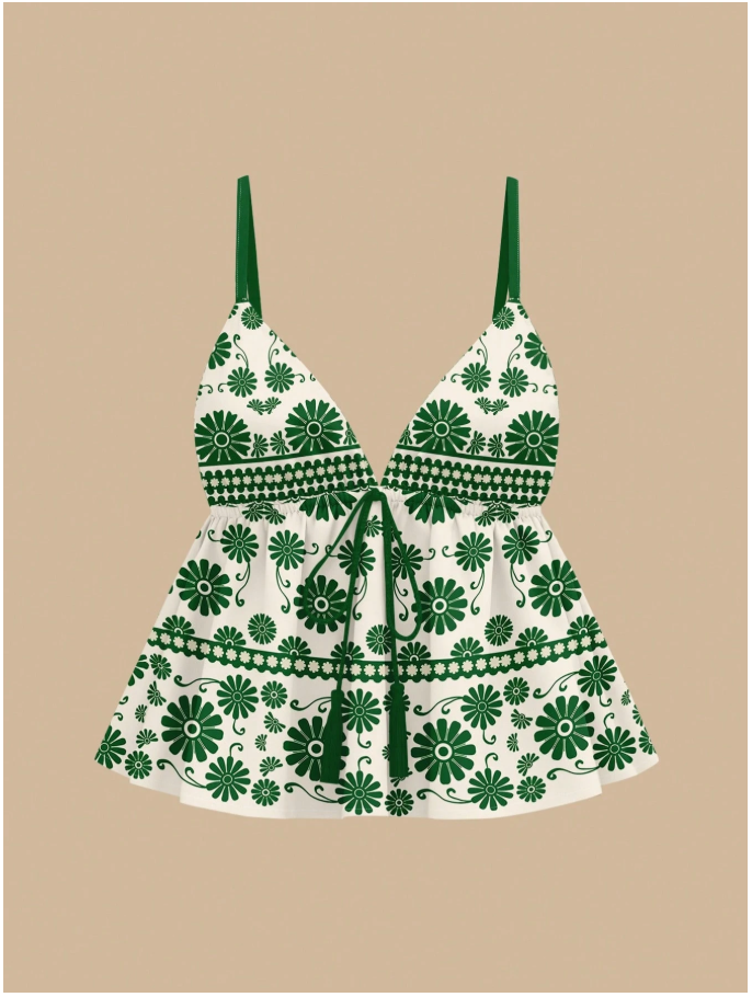 Crop top bohemio de tirantes estampados verdes - 5989