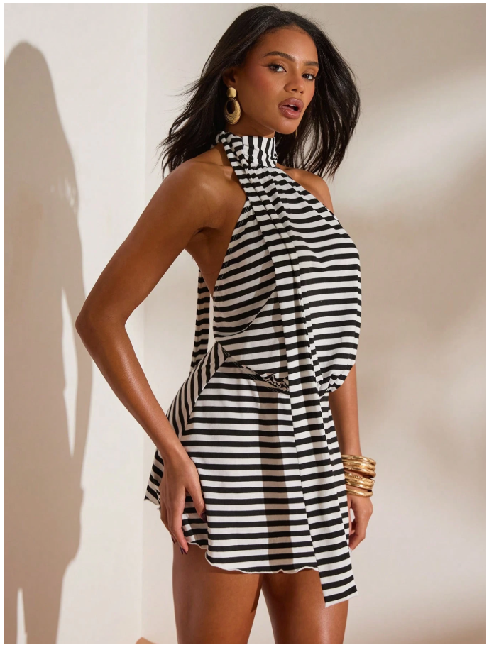 Vestido a rayas blanco & negro con tira en cuello - 5995