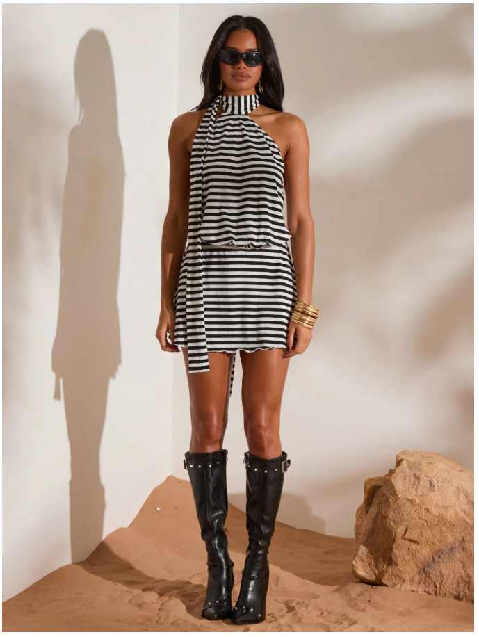 Vestido a rayas blanco & negro con tira en cuello - 5995