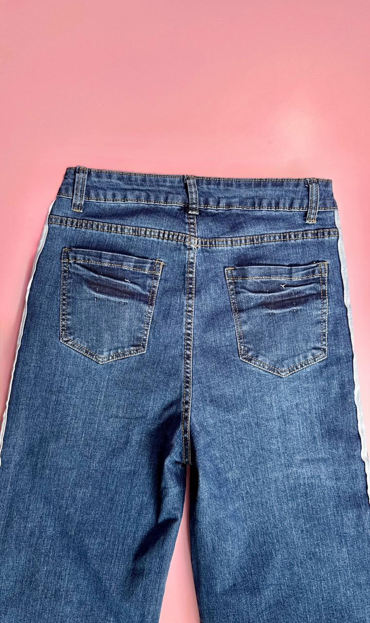 Pantalon pierna ancha azul oscuro con líneas laterales blanco y negro Surprise jeans - 5997