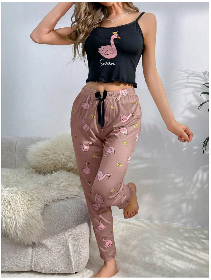 Pijama estampada cisnes top negro pant rosa - 6004