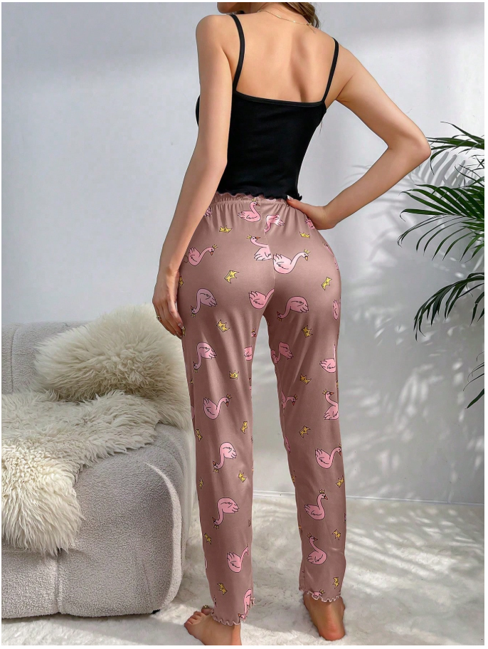 Pijama estampada cisnes top negro pant rosa - 6004