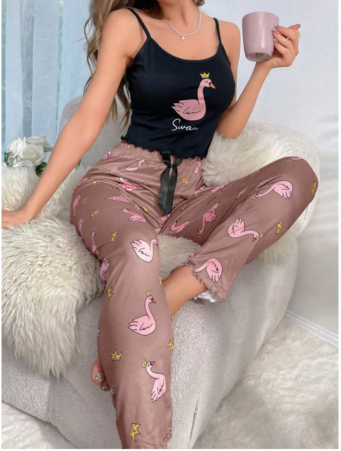 Pijama estampada cisnes top negro pant rosa - 6004