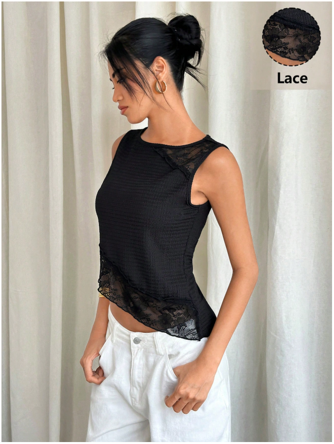Crop top negro corte asimétrico & encaje parte inferior - 6006