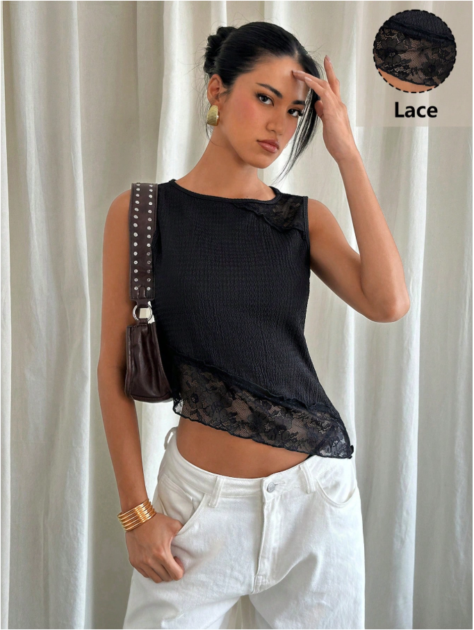 Crop top negro corte asimétrico & encaje parte inferior - 6006
