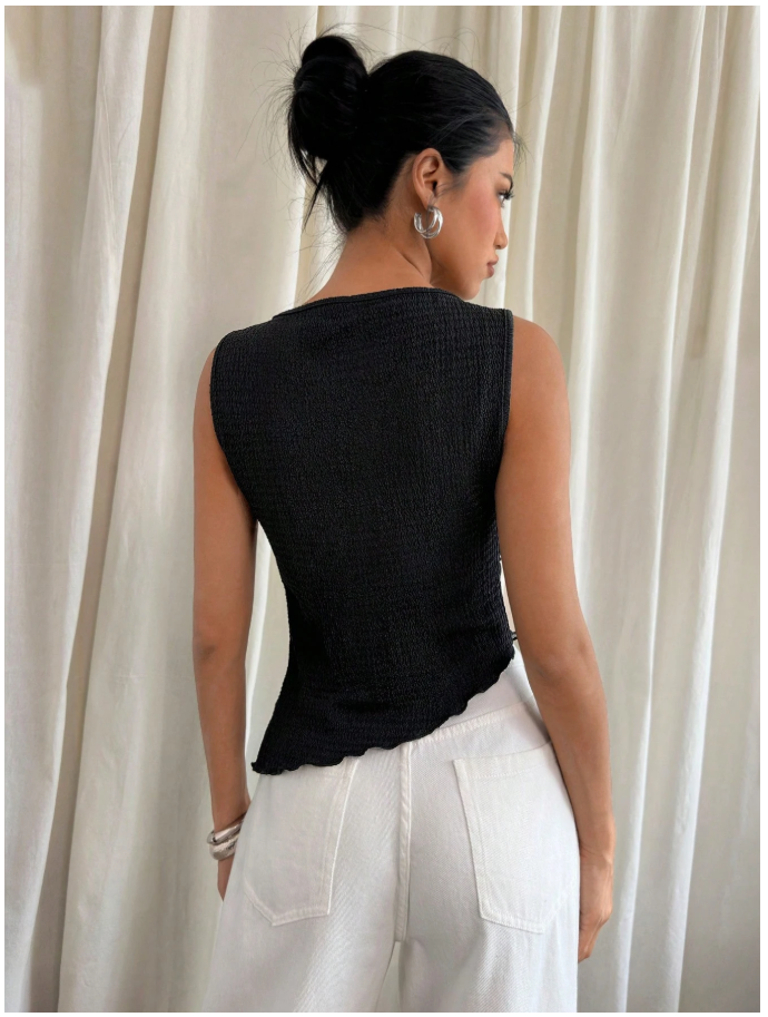 Crop top negro corte asimétrico & encaje parte inferior - 6006