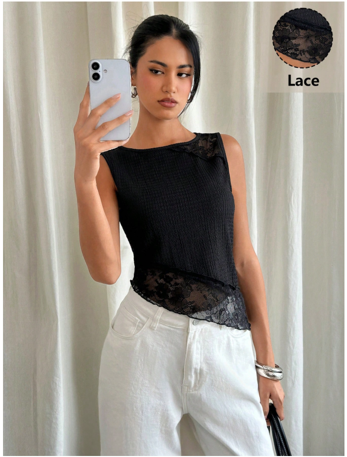 Crop top negro corte asimétrico & encaje parte inferior - 6006